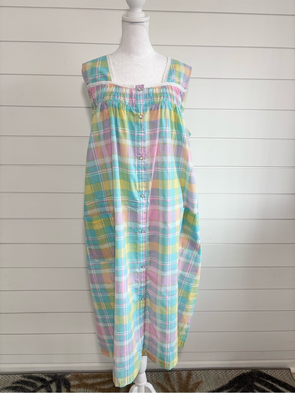 PINK K Vintage Sleeveless Snap Up Plaid Dress With Pockets 1960’s  Size XL